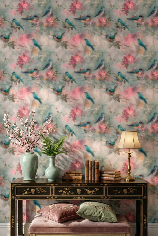 Kuş ve Çiçek Desenli Duvar Kağıdı Pastel Vintage