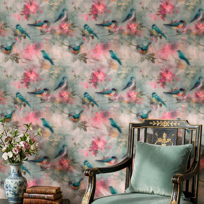 Kuş ve Çiçek Desenli Duvar Kağıdı Pastel Vintage