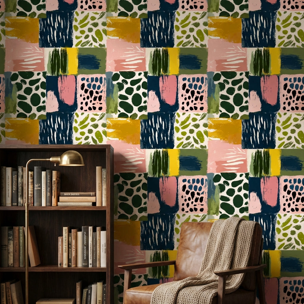 Renkli Soyut Kare Desenli Duvar Kağıdı Modern Salon
