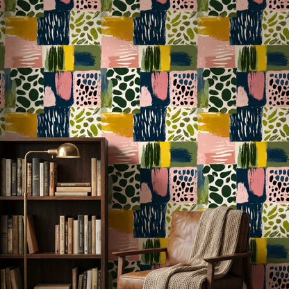 Renkli Soyut Kare Desenli Duvar Kağıdı Modern Salon