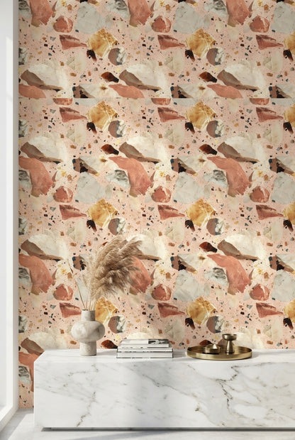Terrazzo Desenli Duvar Kağıdı Bej Terracotta Modern Salon