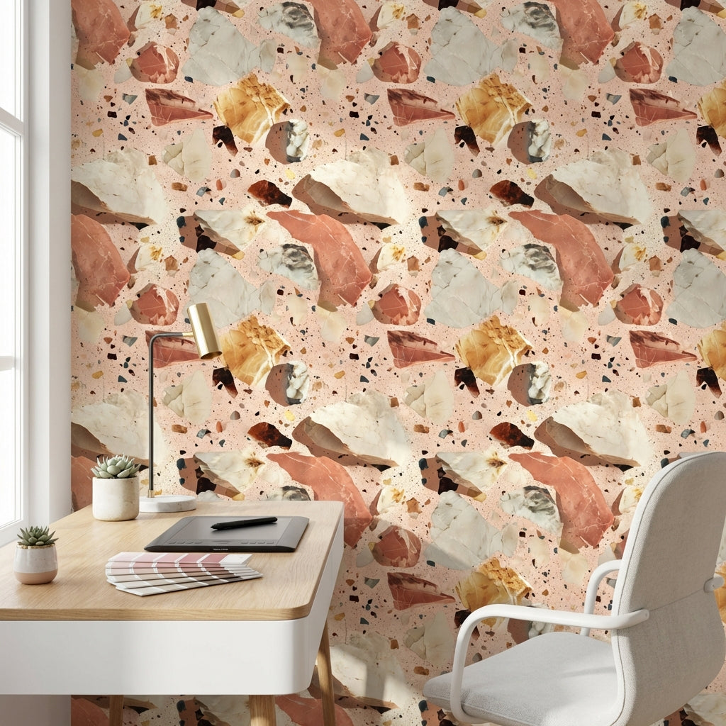 Terrazzo Desenli Duvar Kağıdı Bej Terracotta Modern Salon