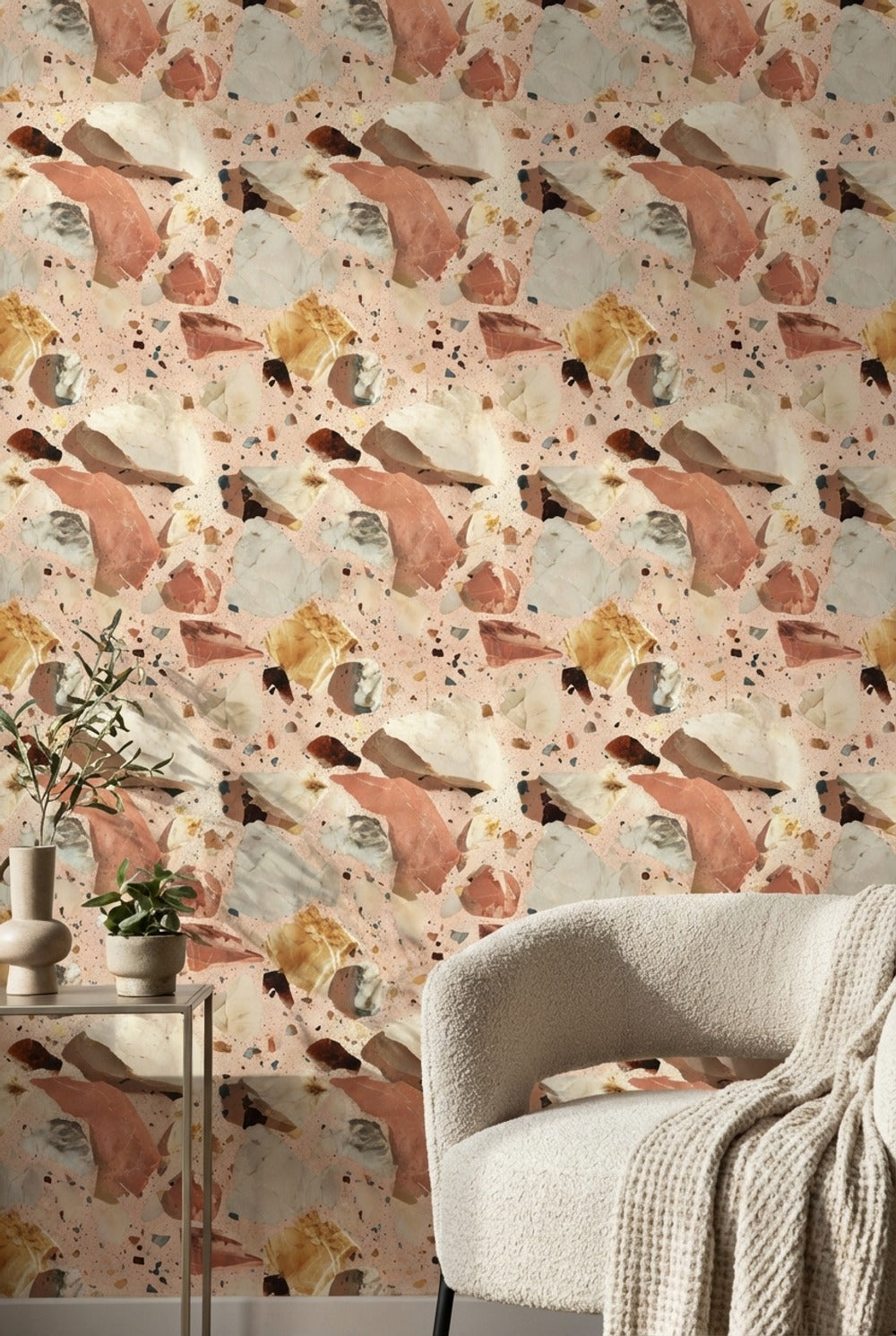Terrazzo Desenli Duvar Kağıdı Bej Terracotta Modern Salon