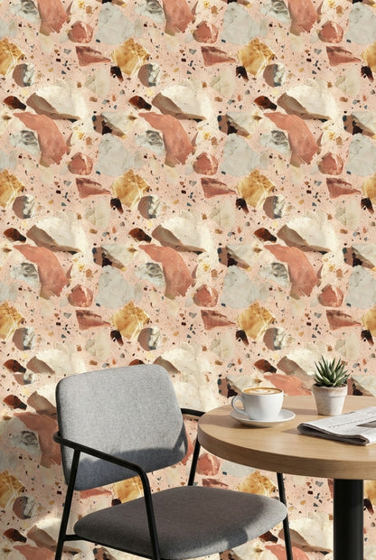 Terrazzo Desenli Duvar Kağıdı Bej Terracotta Modern Salon