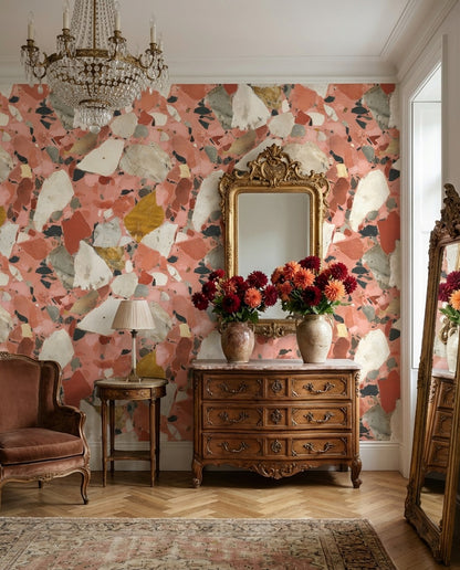 Pembe Terrazzo Desenli Duvar Kağıdı Modern Salon Dekoru