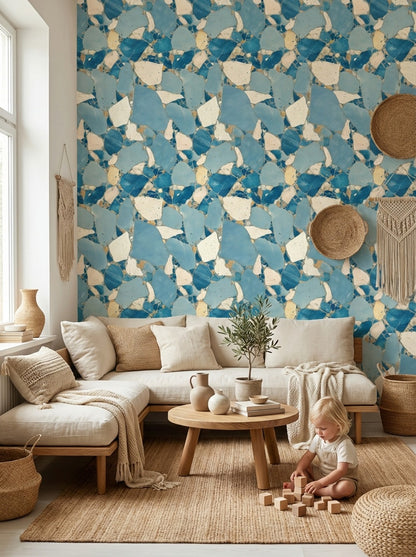 Mavi Terrazzo Desenli Duvar Kağıdı Modern Salon Dekoru