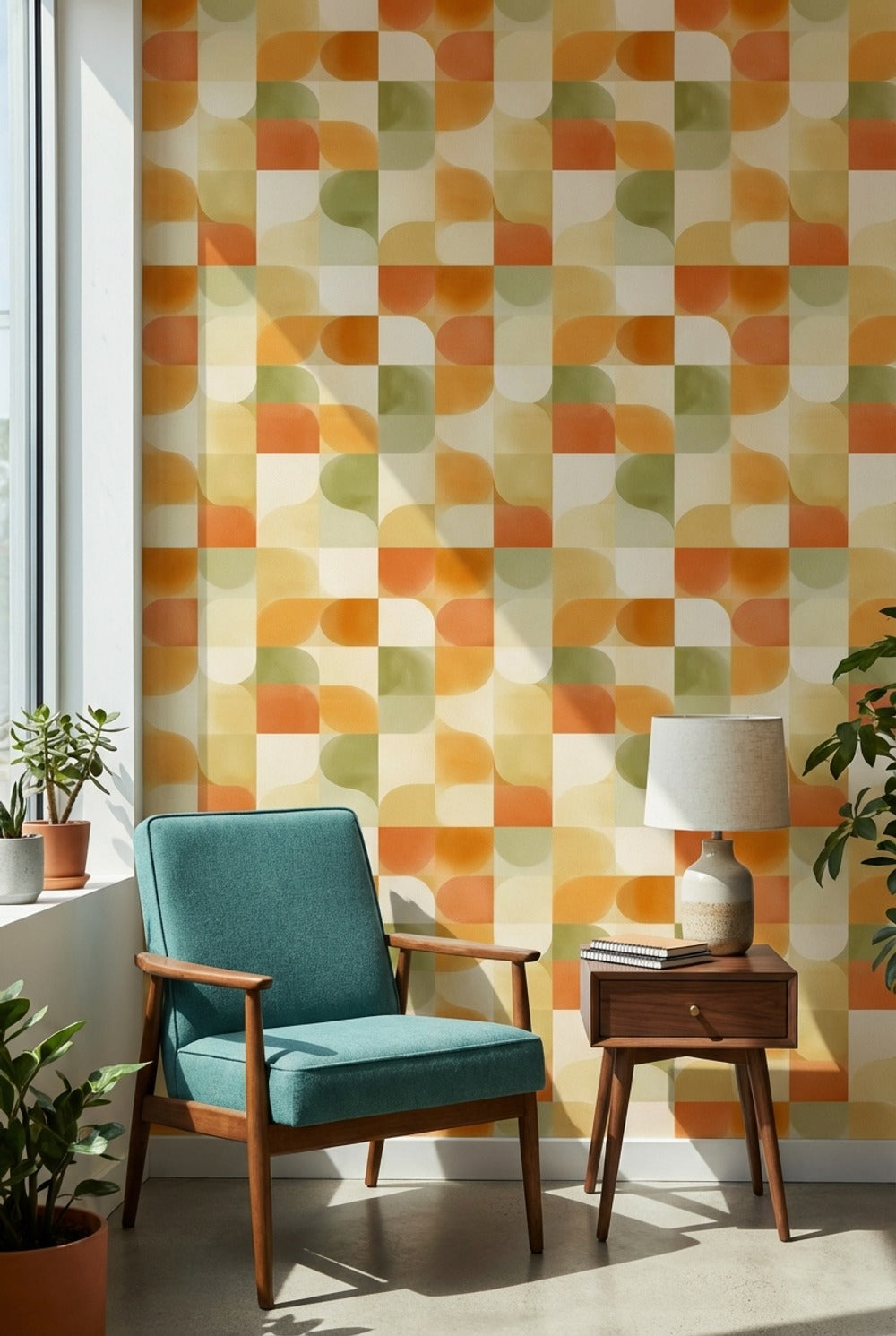 Retro Geometrik Duvar Kağıdı Turuncu Yeşil Kare Desenli