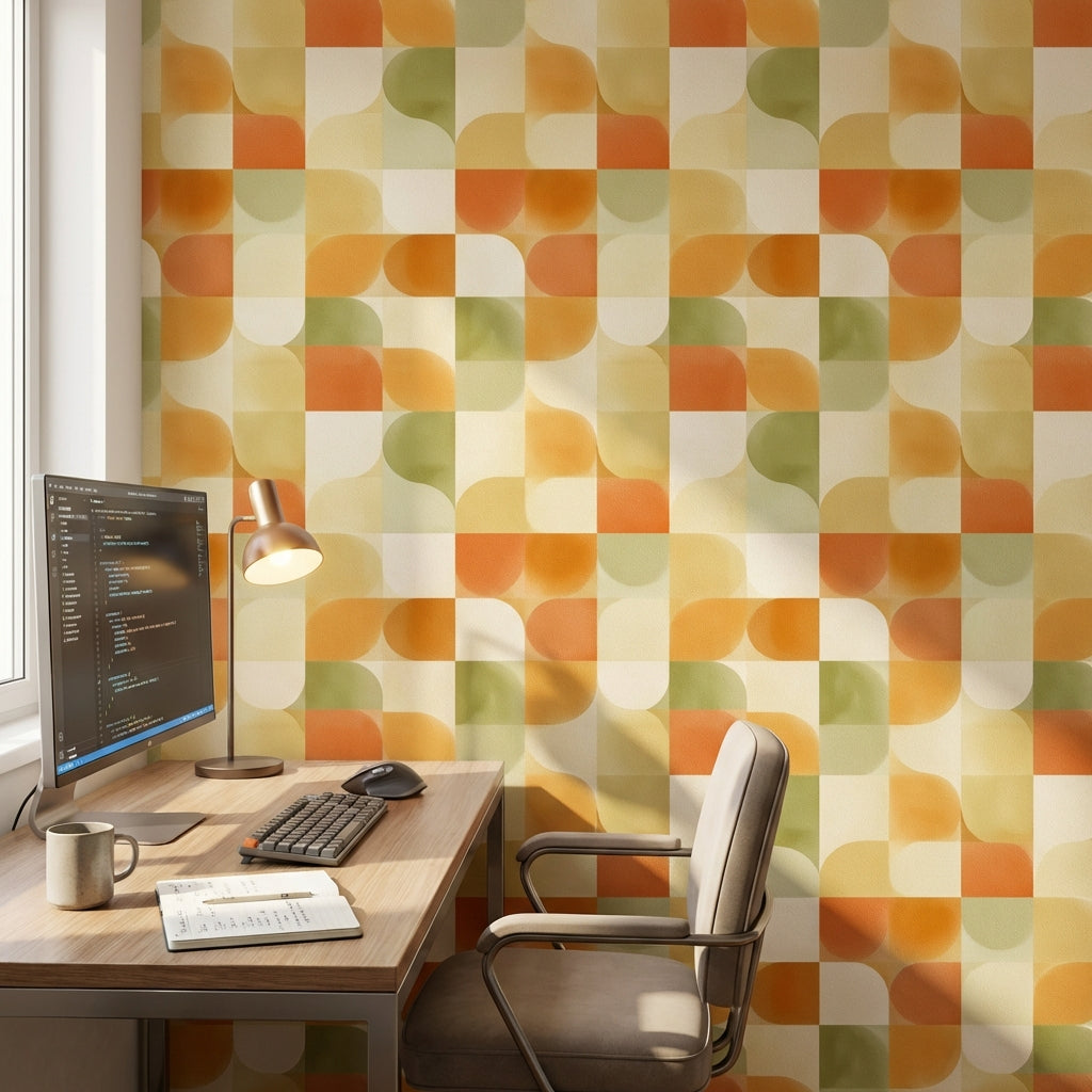 Retro Geometrik Duvar Kağıdı Turuncu Yeşil Kare Desenli