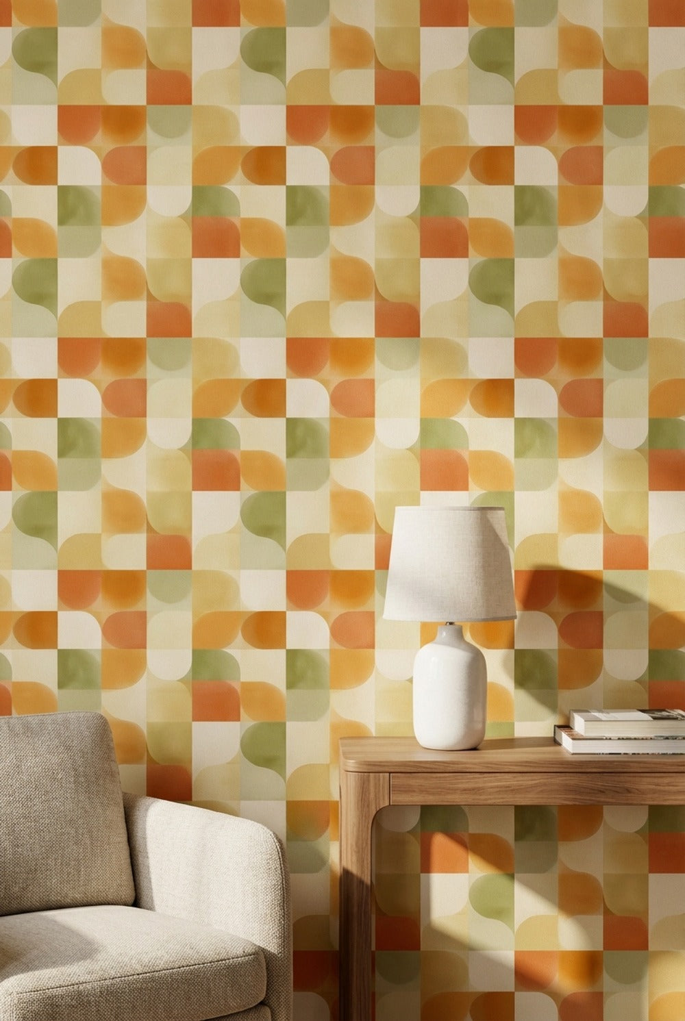 Retro Geometrik Duvar Kağıdı Turuncu Yeşil Kare Desenli