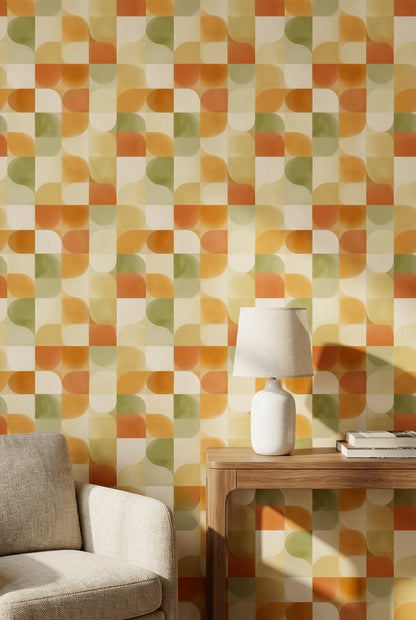 Retro Geometrik Duvar Kağıdı Turuncu Yeşil Kare Desenli