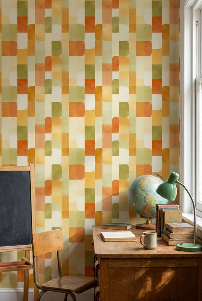 Retro Geometrik Duvar Kağıdı Turuncu Yeşil Kareli Desen