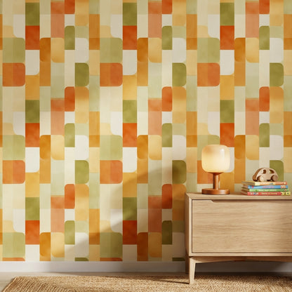 Retro Geometrik Duvar Kağıdı Turuncu Yeşil Kareli Desen