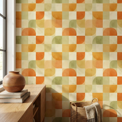 Geometrik Retro Duvar Kağıdı Turuncu Yeşil Desenli Salon