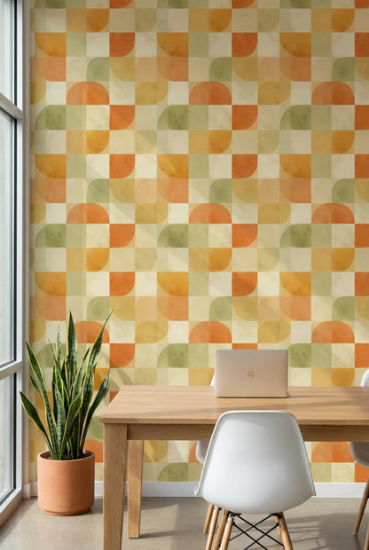 Geometrik Retro Duvar Kağıdı Turuncu Yeşil Desenli Salon