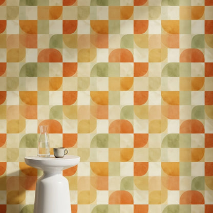 Geometrik Retro Duvar Kağıdı Turuncu Yeşil Desenli Salon