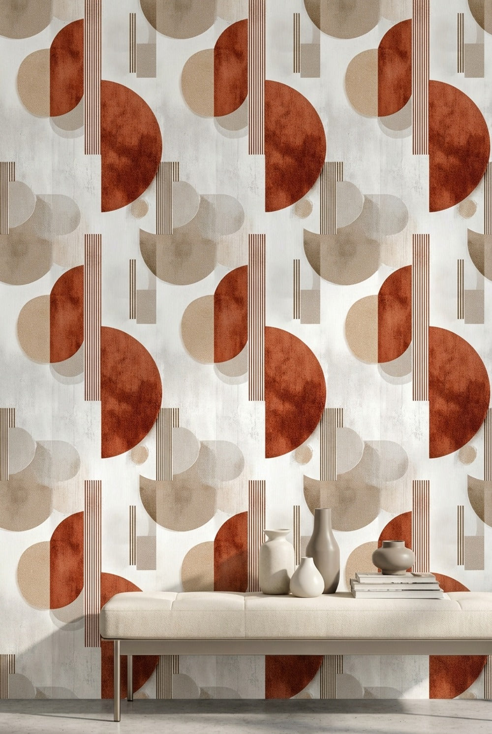 Geometrik Yarım Daire Desenli Duvar Kağıdı Kiremit Bej Modern