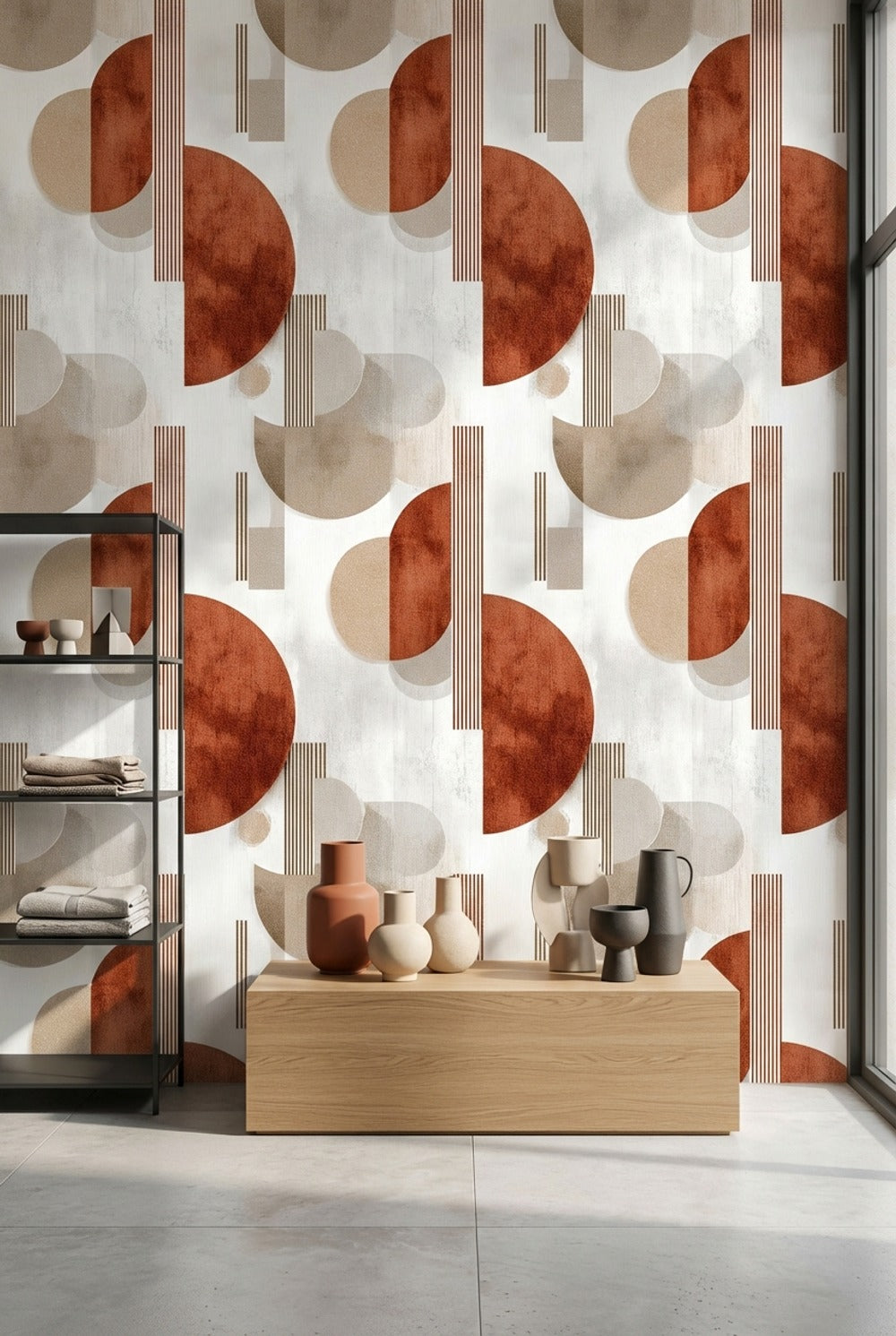 Geometrik Yarım Daire Desenli Duvar Kağıdı Kiremit Bej Modern
