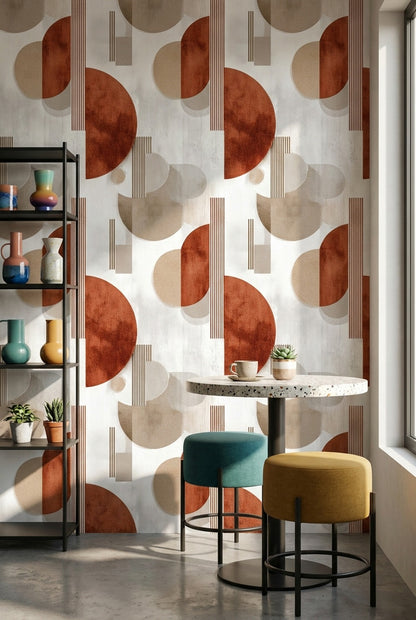 Geometrik Yarım Daire Desenli Duvar Kağıdı Kiremit Bej Modern