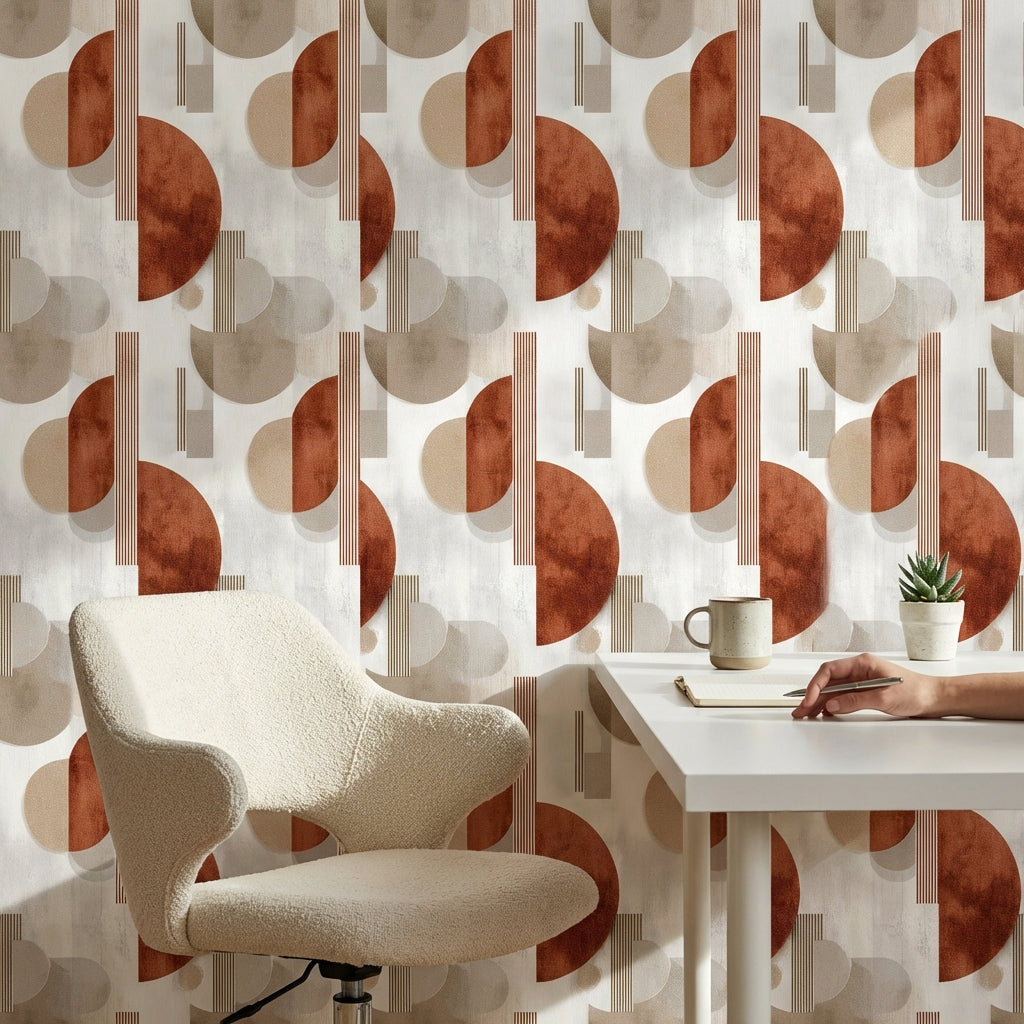 Geometrik Yarım Daire Desenli Duvar Kağıdı Kiremit Bej Modern