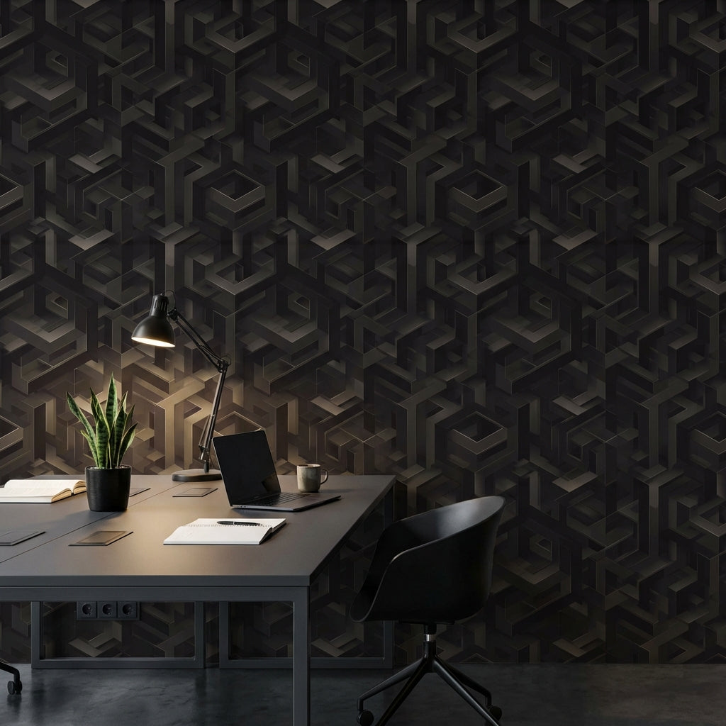 3D Geometrik Duvar Kağıdı Siyah Küp Desenli Ofis