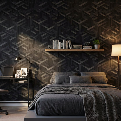 Geometrik 3D Küp Desenli Duvar Kağıdı Siyah Modern