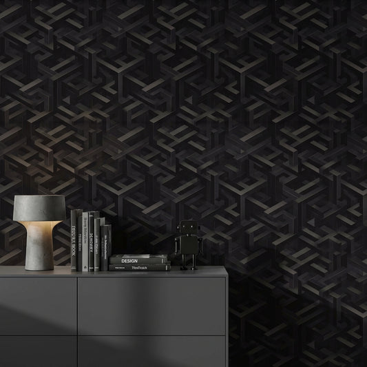 Geometrik 3D Küp Desenli Duvar Kağıdı Siyah Modern