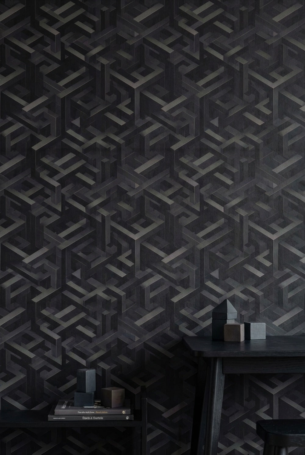 Geometrik 3D Küp Desenli Duvar Kağıdı Siyah Modern