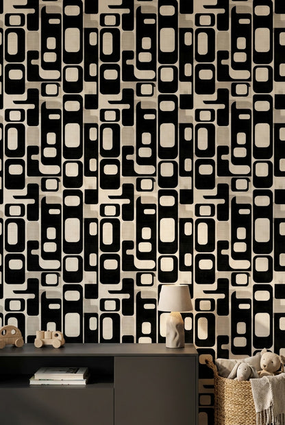 Retro Geometrik Duvar Kağıdı Siyah Beyaz Modern Salon