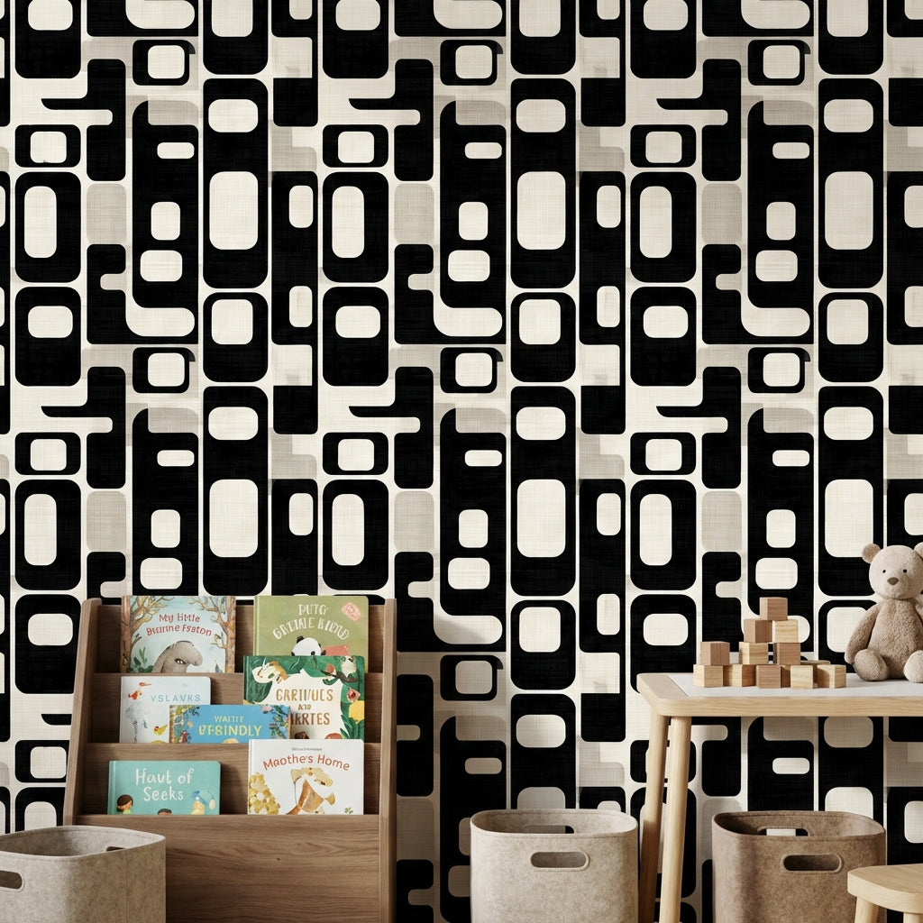 Retro Geometrik Duvar Kağıdı Siyah Beyaz Modern Salon