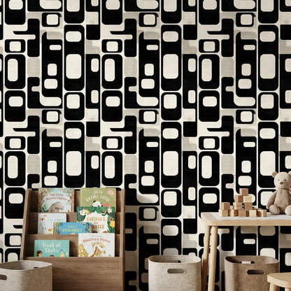 Retro Geometrik Duvar Kağıdı Siyah Beyaz Modern Salon
