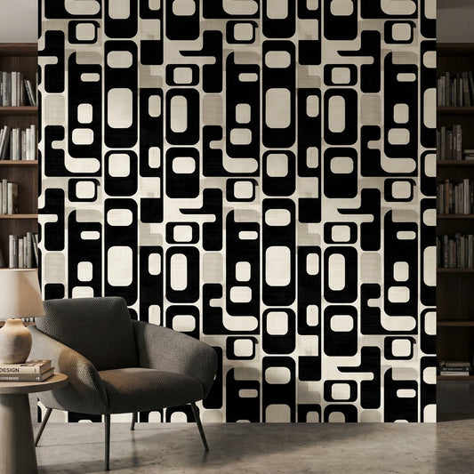 Retro Geometrik Duvar Kağıdı Siyah Beyaz Modern Salon