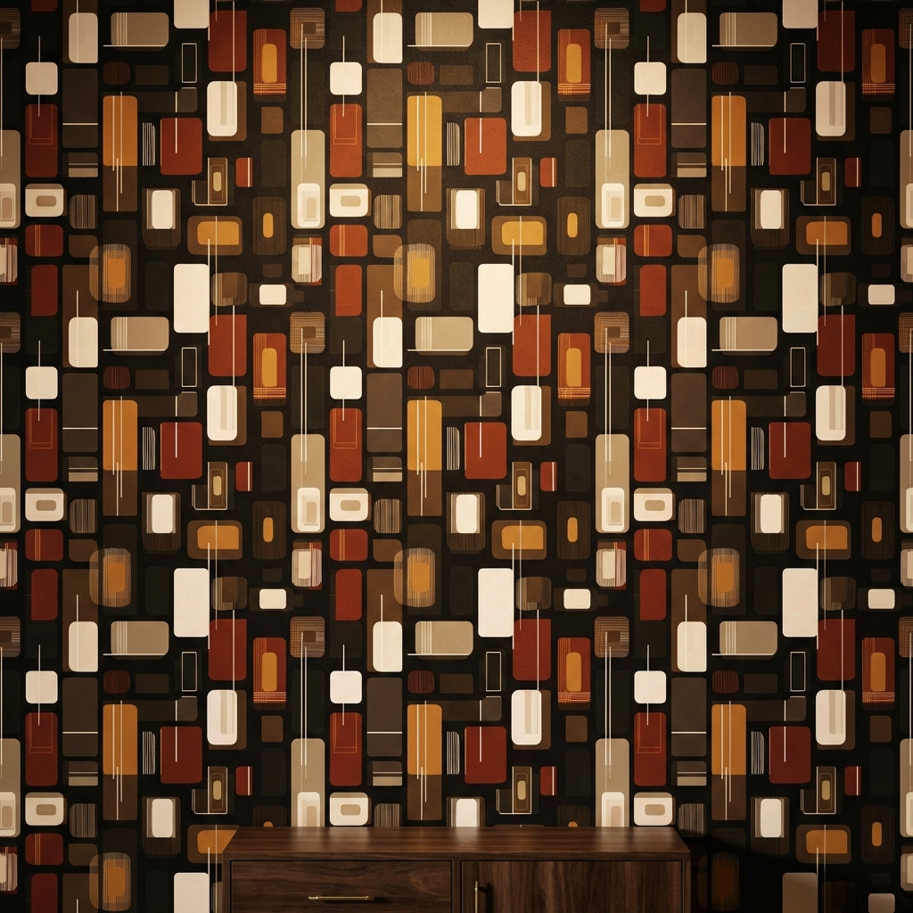 Retro Geometrik Duvar Kağıdı Kahverengi Turuncu Desenli Salon