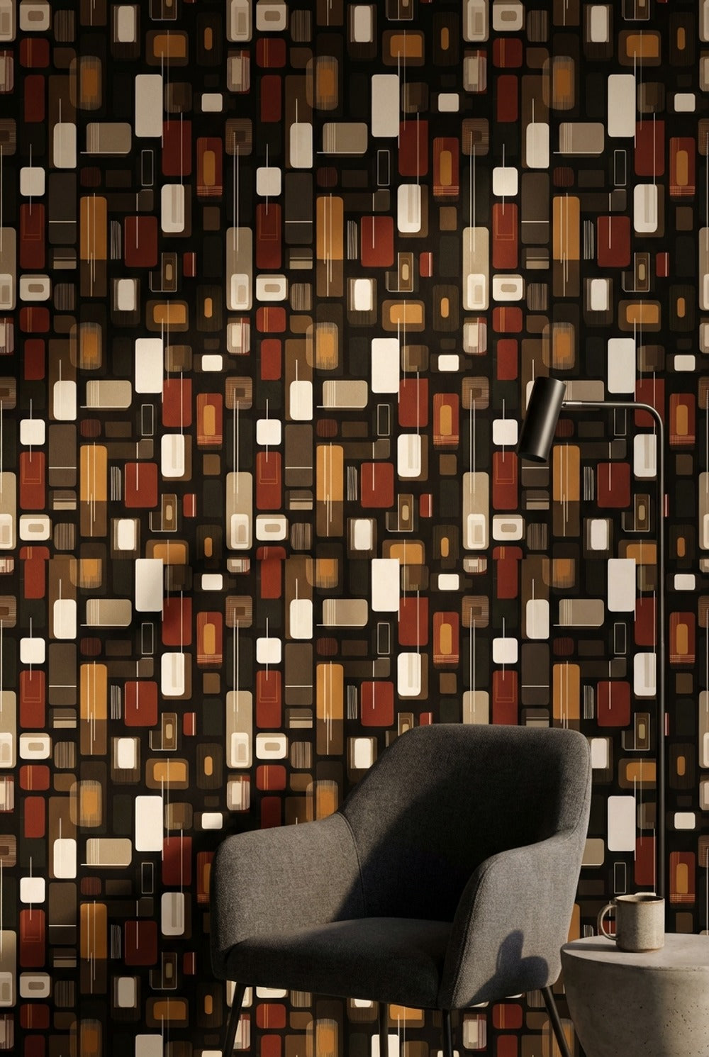 Retro Geometrik Duvar Kağıdı Kahverengi Turuncu Desenli Salon