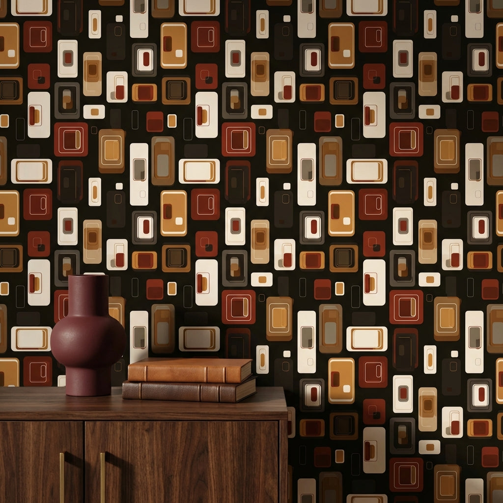 Retro Geometrik Duvar Kağıdı Kahverengi Bej Modern Desen