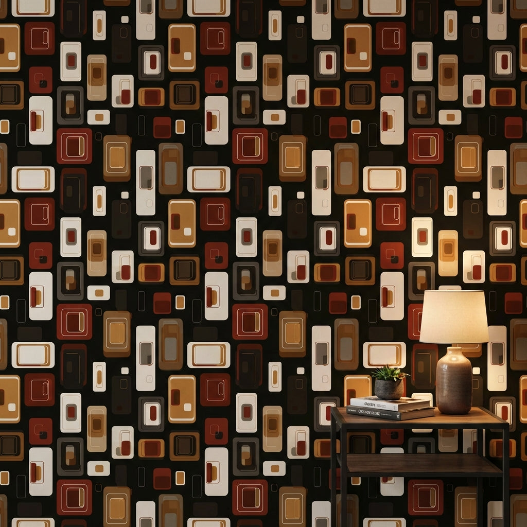 Retro Geometrik Duvar Kağıdı Kahverengi Bej Modern Desen