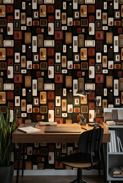 Retro Geometrik Duvar Kağıdı Kahverengi Bej Modern Desen