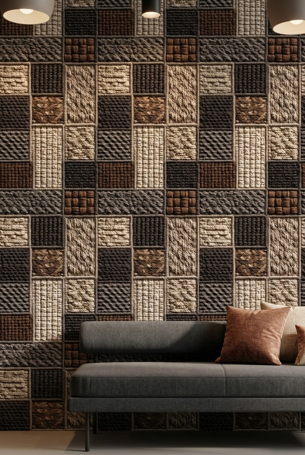 Kare Patchwork Desenli Duvar Kağıdı Bej Kahverengi Salon