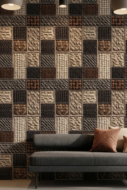 Kare Patchwork Desenli Duvar Kağıdı Bej Kahverengi Salon