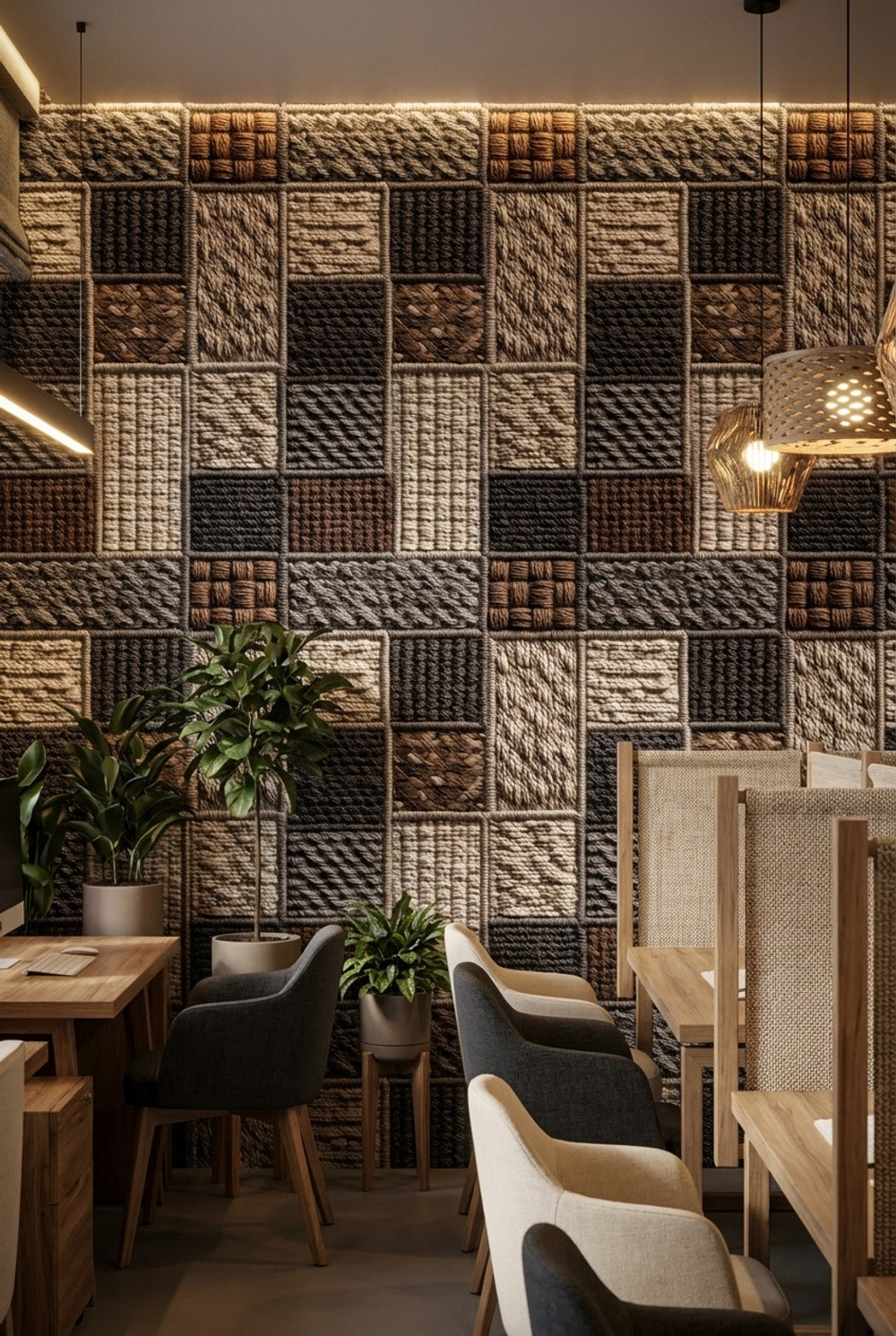 Kare Patchwork Desenli Duvar Kağıdı Bej Kahverengi Salon