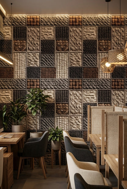 Kare Patchwork Desenli Duvar Kağıdı Bej Kahverengi Salon