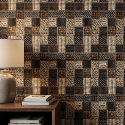 Kare Patchwork Desenli Duvar Kağıdı Bej Kahverengi Salon