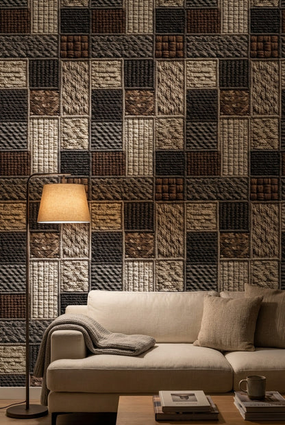 Kare Patchwork Desenli Duvar Kağıdı Bej Kahverengi Salon