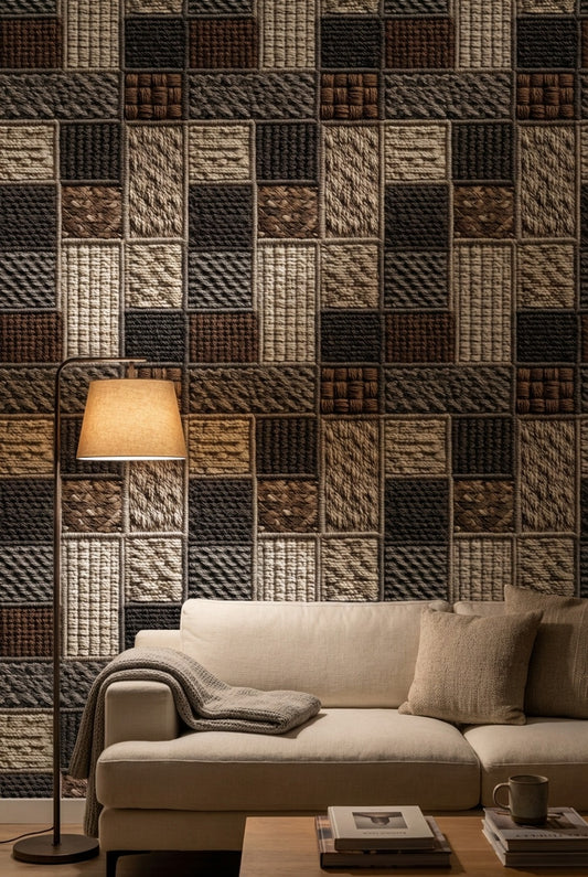 Kare Patchwork Desenli Duvar Kağıdı Bej Kahverengi Salon