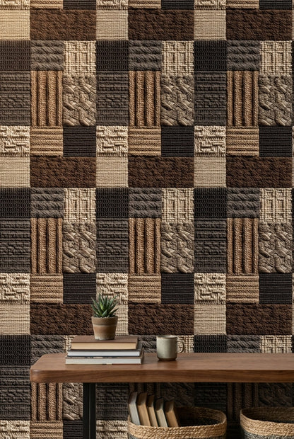 Kilim Desenli Duvar Kağıdı Kahverengi Bej Geometrik Patchwork