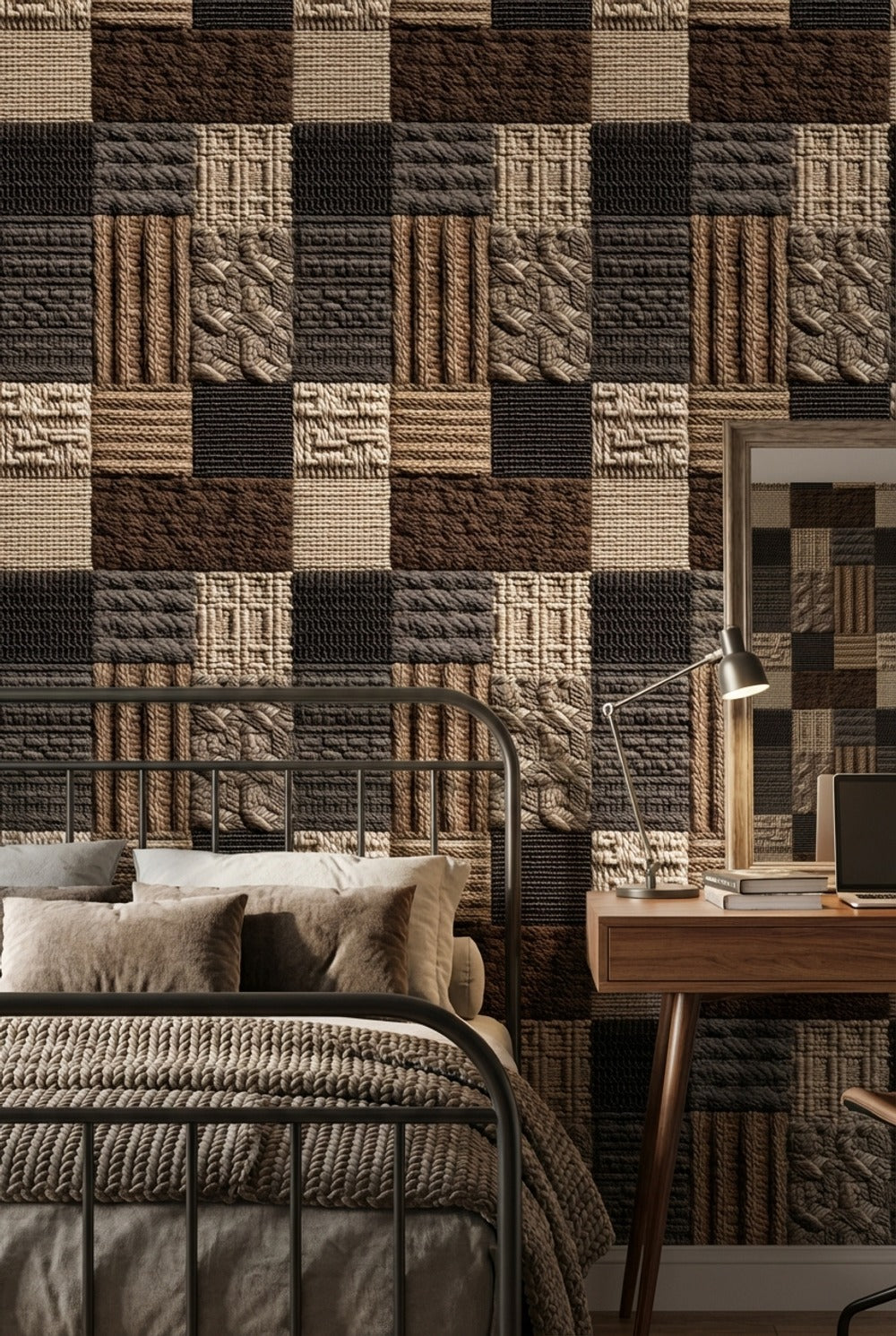 Kilim Desenli Duvar Kağıdı Kahverengi Bej Geometrik Patchwork