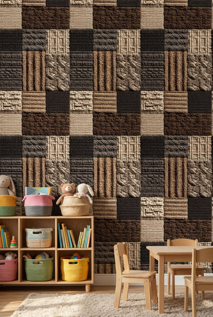 Kilim Desenli Duvar Kağıdı Kahverengi Bej Geometrik Patchwork