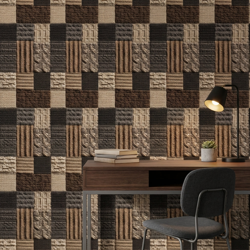 Kilim Desenli Duvar Kağıdı Kahverengi Bej Geometrik Patchwork
