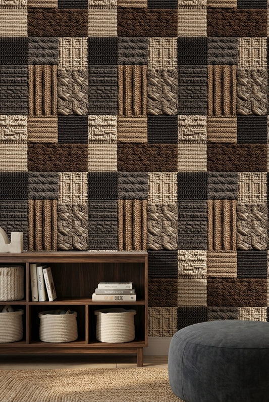Kilim Desenli Duvar Kağıdı Kahverengi Bej Geometrik Patchwork