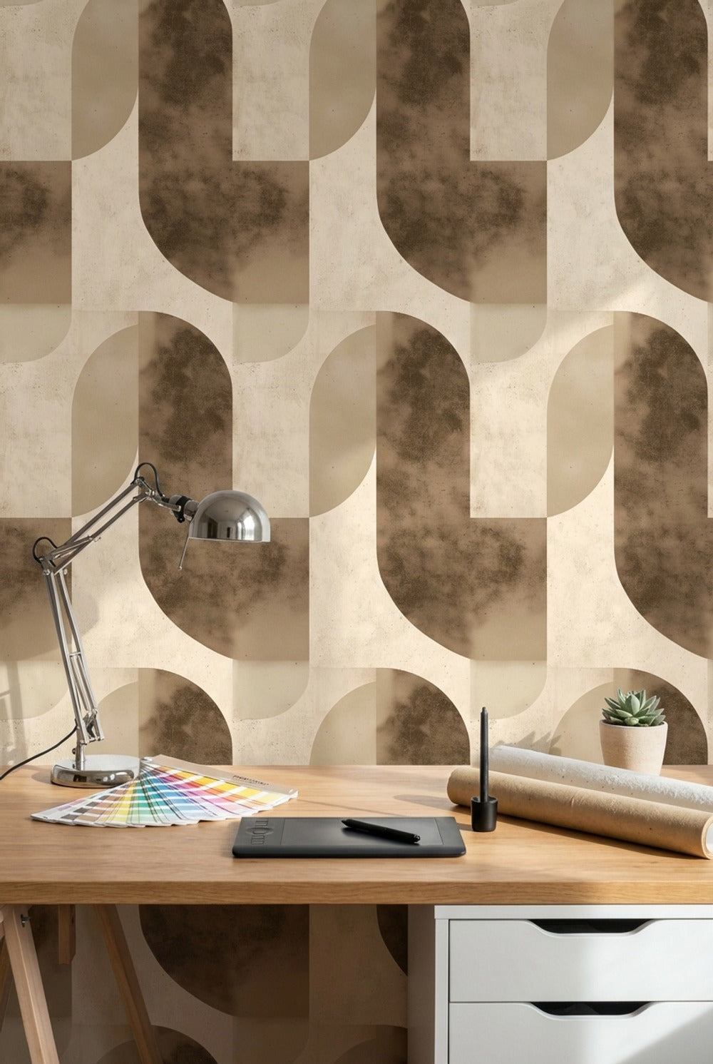 Geometrik Kemer Desenli Duvar Kağıdı Bej Kahverengi Modern Salon