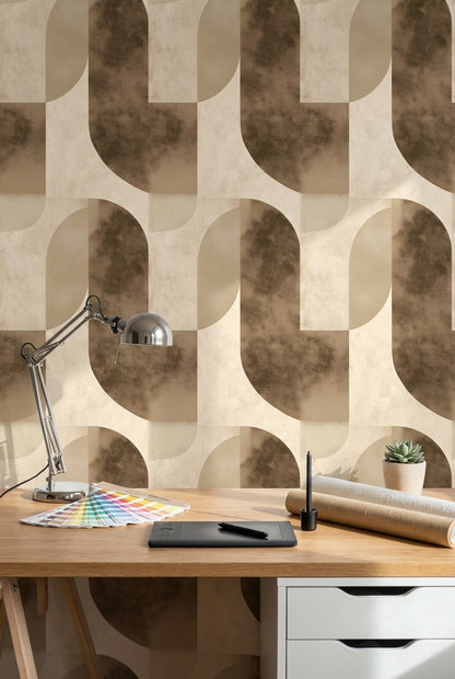 Geometrik Kemer Desenli Duvar Kağıdı Bej Kahverengi Modern Salon
